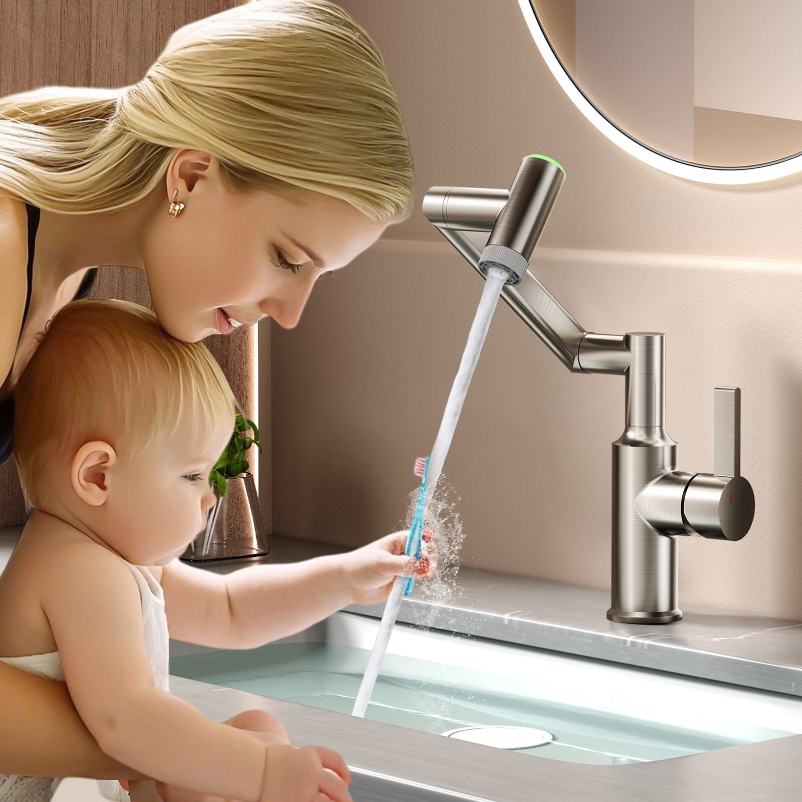 KAIYING Rotatable Bathroom Faucet with Digital Temperature Display, 1080 Degree Swivel Single Handle Sink Tap with 2 Spray Modes, Brushed Nickel
