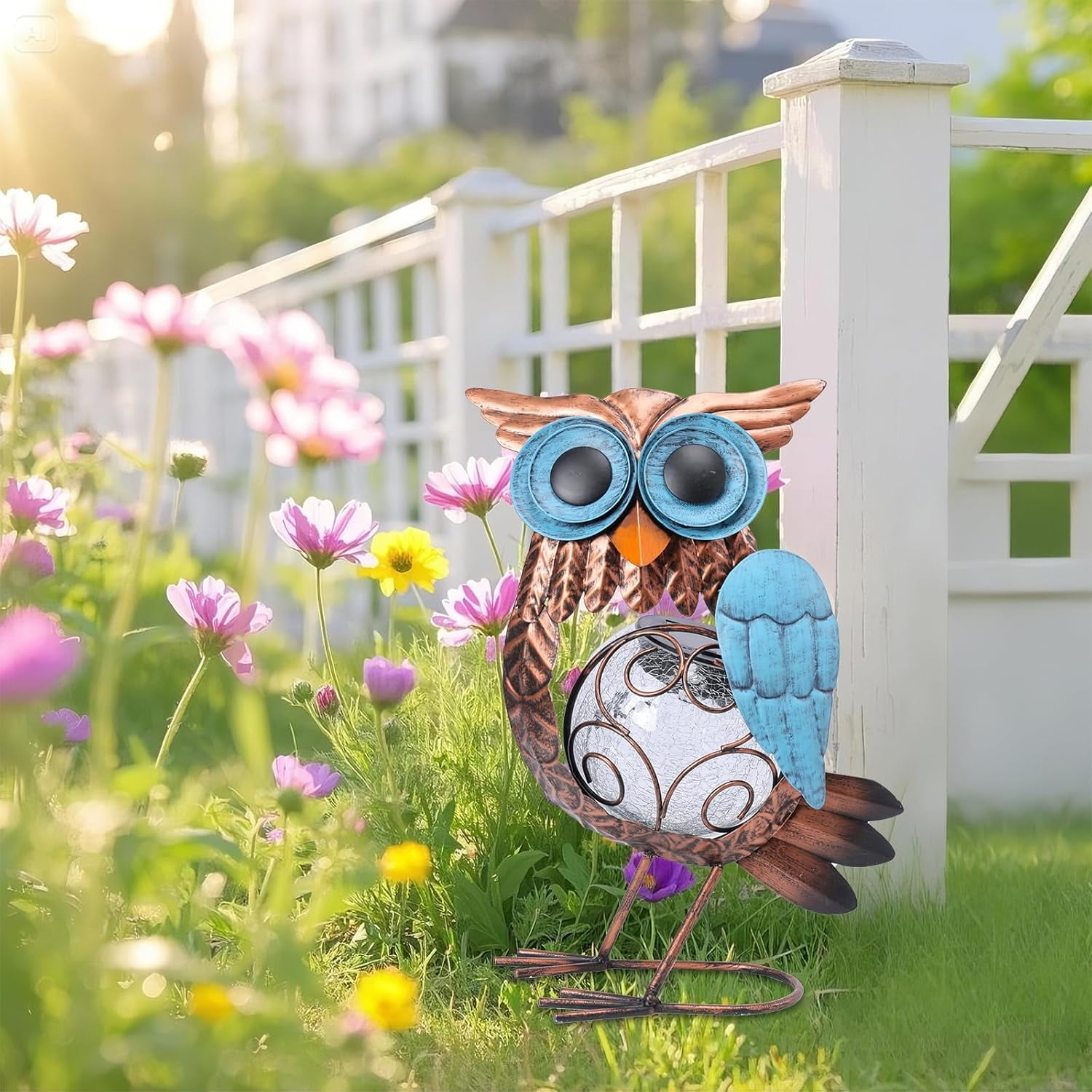 Outdoor Statue,Solar Owl Statue: Crackle Glass Globe Light, Metal Garden Sculpture for Lawn Porch Patio Outside Garden Decor