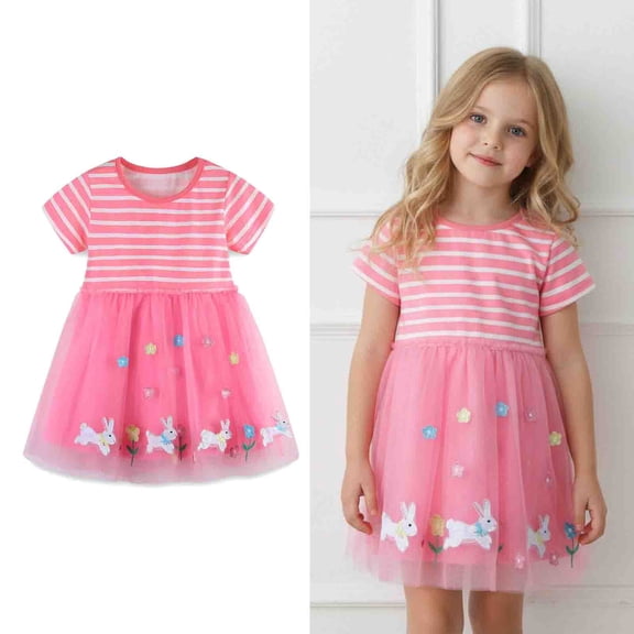 Girl Easter Dress Short Sleeve Striped Tulle Dress Girl Beach Dress 6-7 Years Girls Dresses