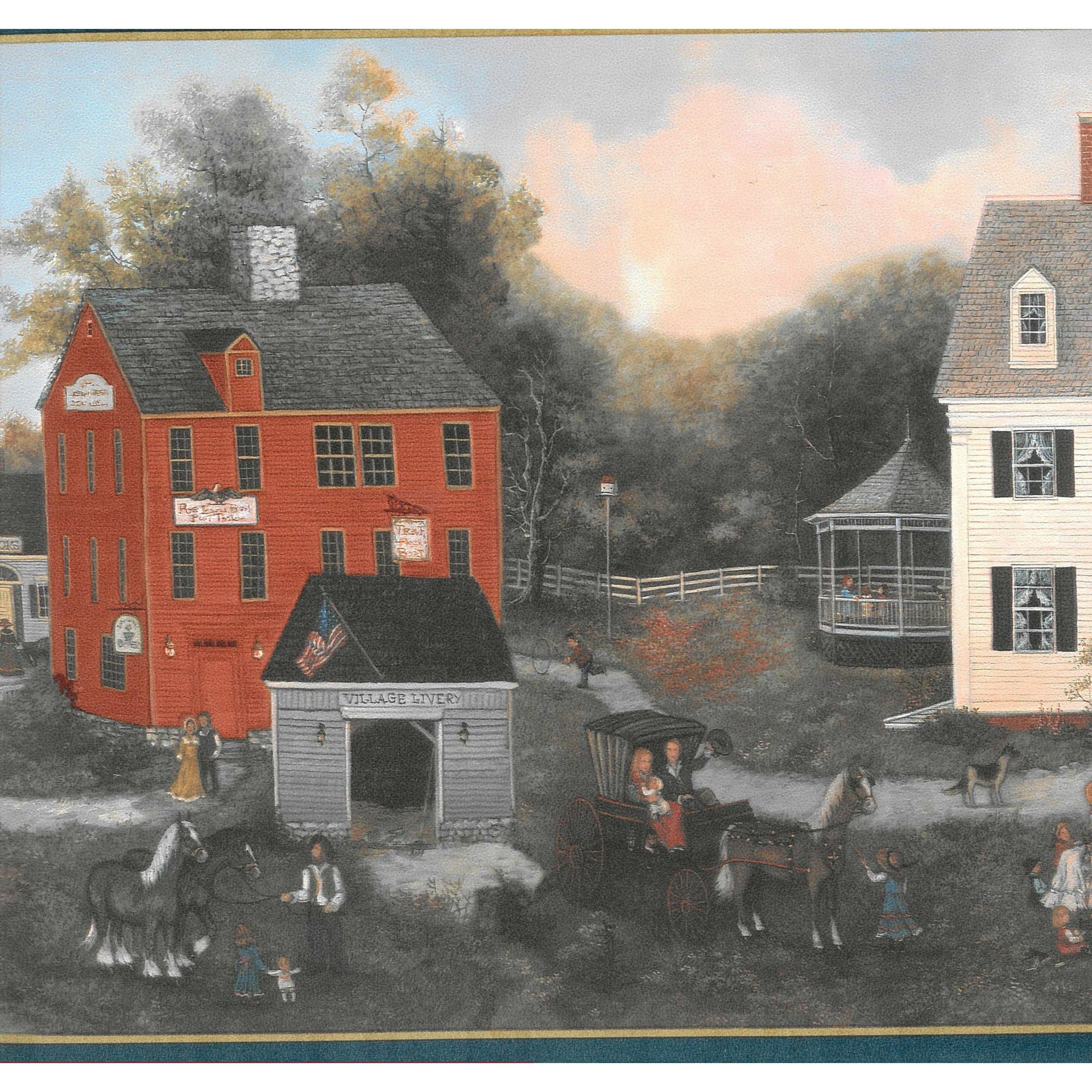Prepasted Wallpaper Border - Country Brown, Green, Blue, Gray American Village Wall Border Retro Design, 15 ft x 9 in ( x ) | Walmart Canada Prepasted Wallpaper Border - Country Brown, Green, Blue, Gray American Village Wall Border Retro Design, 15 ft x 9 in ( x ) | Walmart Canada