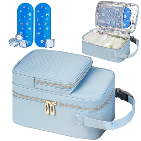 Breastmilk Cooler Travel bag with Ice Pack,Portable Breastmilk Cooler Bag with Buckle Handle,Insulated Breastmilk Storage Bag Cooler,Blue