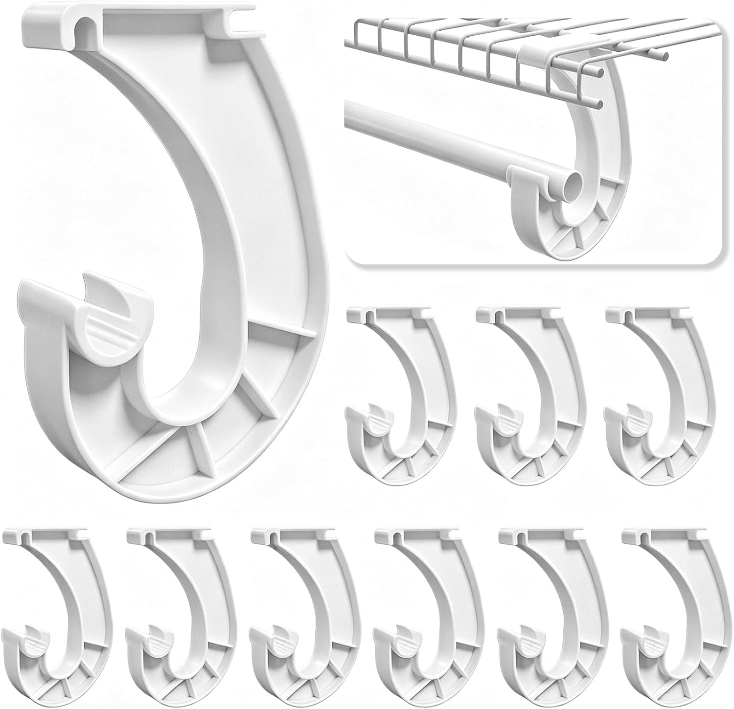 RGHJAR-10 Pcs Hanging Closet Rod Support, Plastic Closet Rod Brackets for Hanging Clothes, 3/4 Wardrobe Clothes Rods Bracket, Sturdy J-Shaped Hooks for Cabinets Storage and Curtain, White