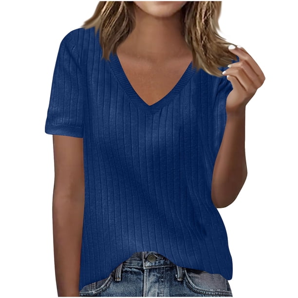 Camisas de Manga Larga Casual de las Mujeres Color Sólido Nuevo Cuello en V Tira Suelta Cepillada Camisa de Manga Corta