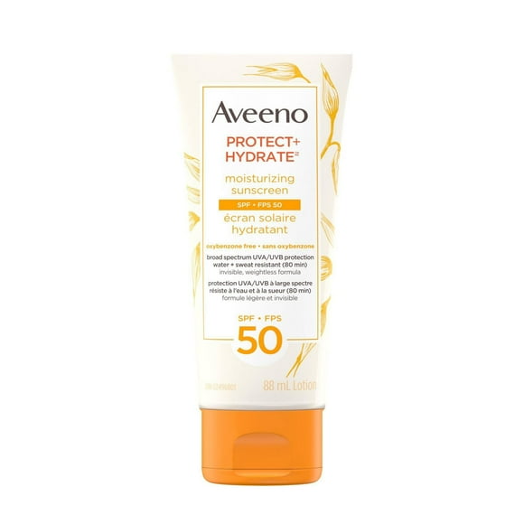 Aveeno Protect + Hydrate Moisturizing Sunscreen Lotion with Broad Spectrum SPF 50 & Moisturizing Prebiotic Oat, Weightless, Paraben-Free, Oil-Free & Oxybenzone-Free, 88 mL