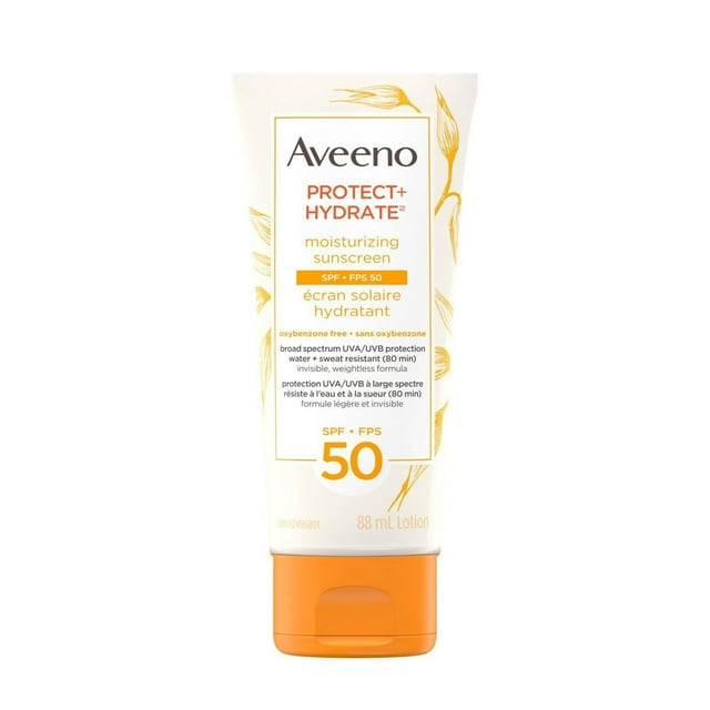 Aveeno Protect + Hydrate Moisturizing Sunscreen Lotion SPF 50 in an 88 mL white tube with orange flip cap and oat illustrations, providing broad spectrum UVA/UVB protection, water and sweat resistance for 80 minutes, oxybenzone-free, lightweight, non-comedogenic formula suitable for sensitive skin hydration and daily sun care.