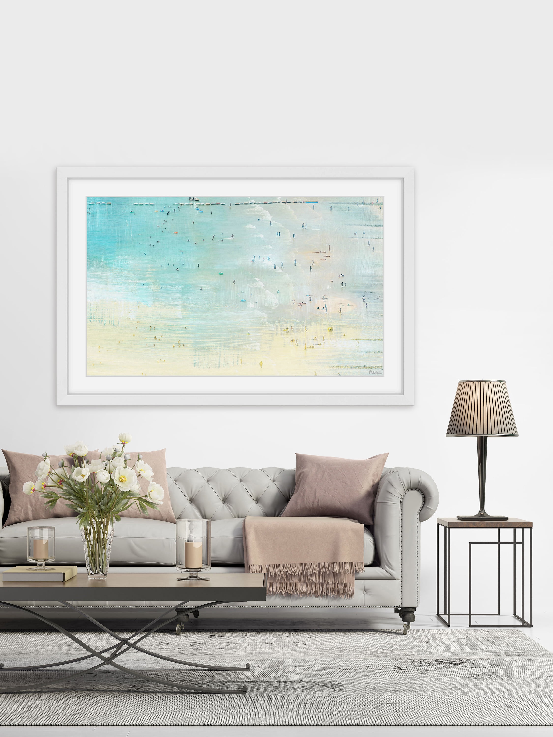 "Distand Beachgoers" Framed Painting Print