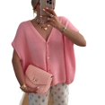 thumbnail image 2 of Womens Summer Oversized Short Sleeve Button V Neck Casual Knit Sweater Tops Pink S, 2 of 8