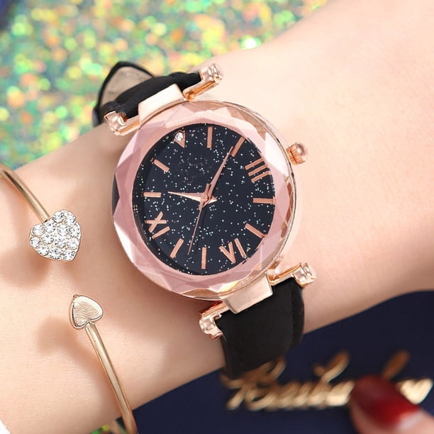 Reloj de cuarzo para mujer, unisex, con estrellas, punta pequeña, correa esmerilada y escala romana. Reloj de cuarzo.