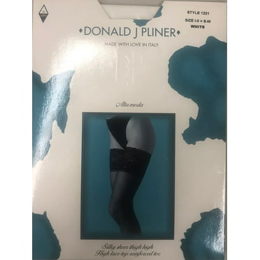 DONALD PLINER SILKY SHEER THIGH HIGH LACE TOP REINFORCED TOE 3 PAIR, WHITE, S/M
