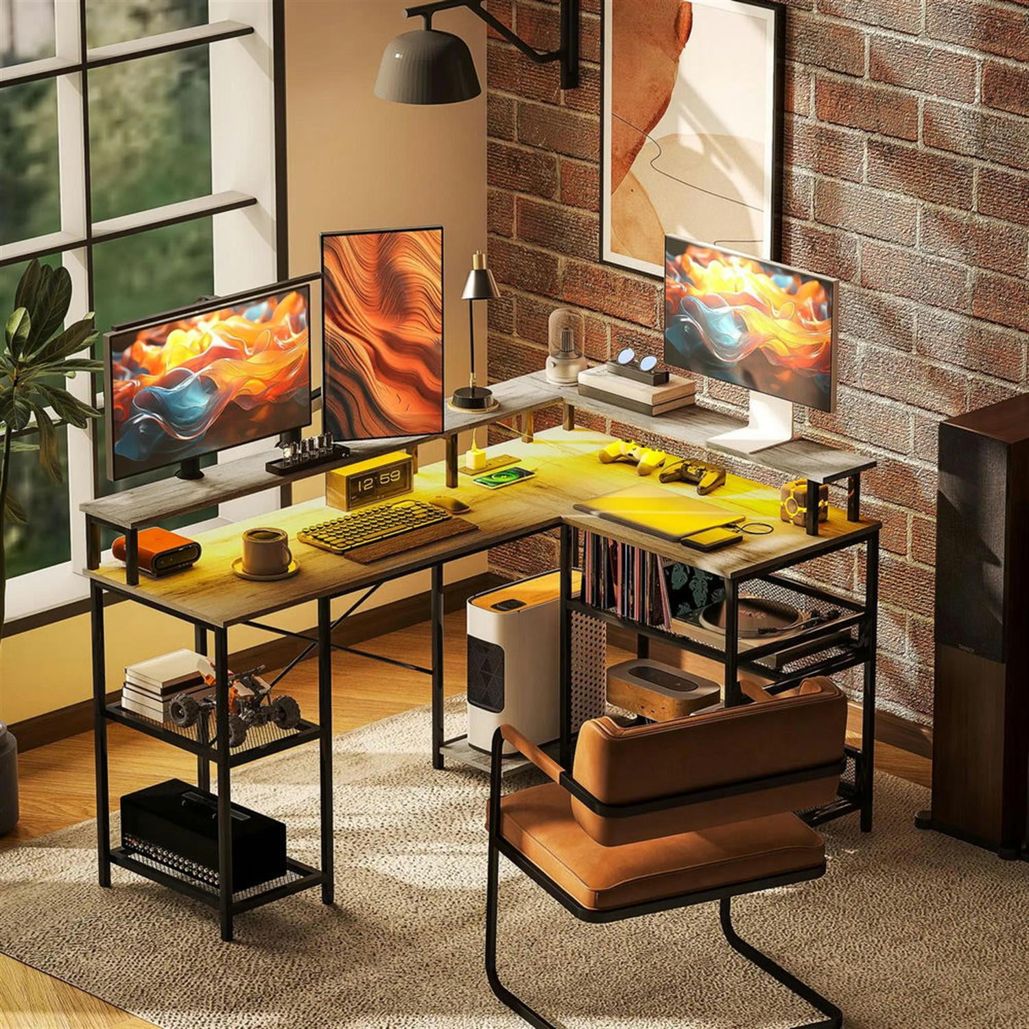 Demi Bonn 59" L Shaped Corner Office Desk with LED Lights and Power Outlets, Home Computer Desk for Living Room, Office, Study Writing Table PC Desks, Gray