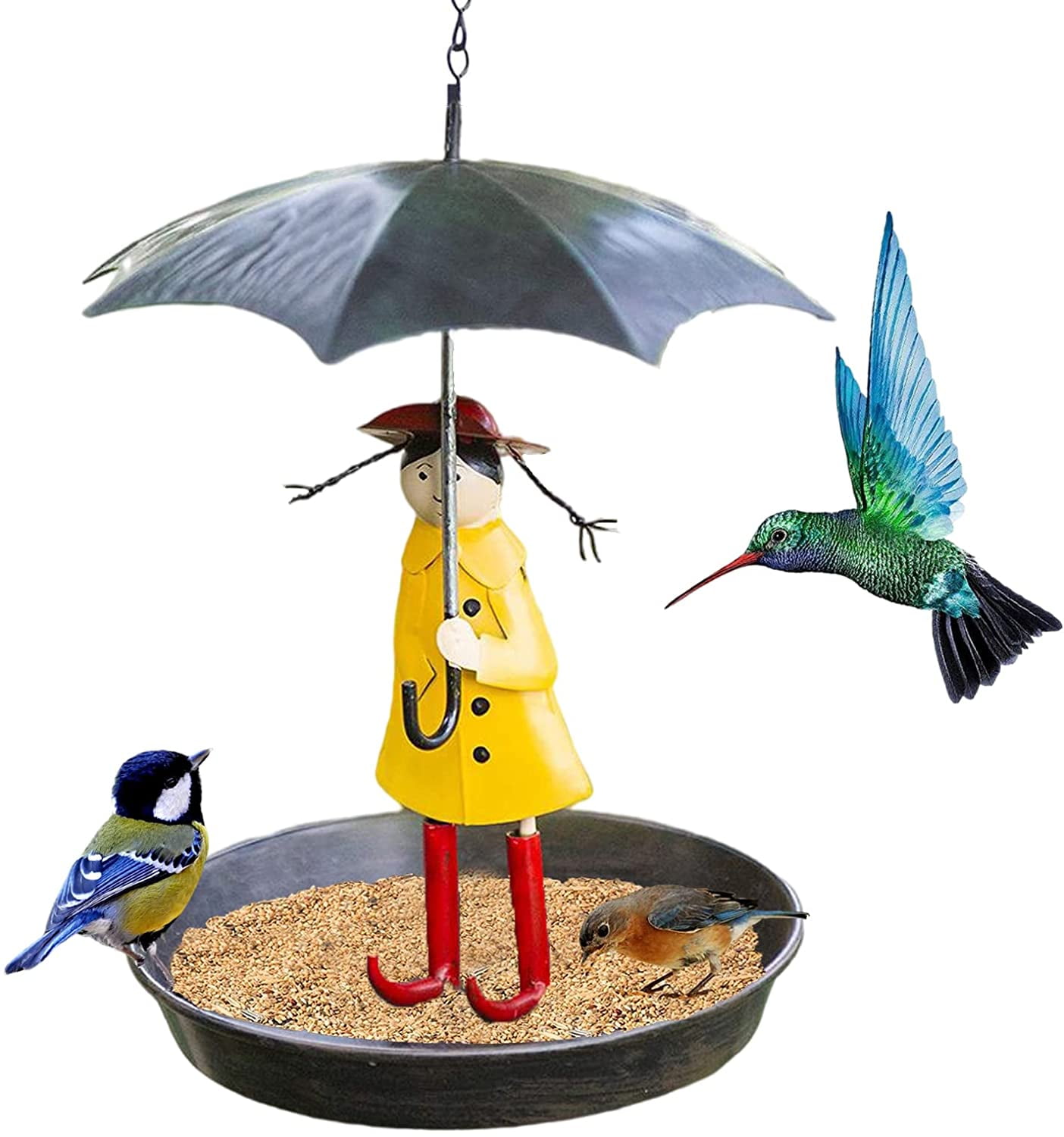Umbrella Girl Bird Feeder, Metal Hanging Chain Bird Feeder Girl And