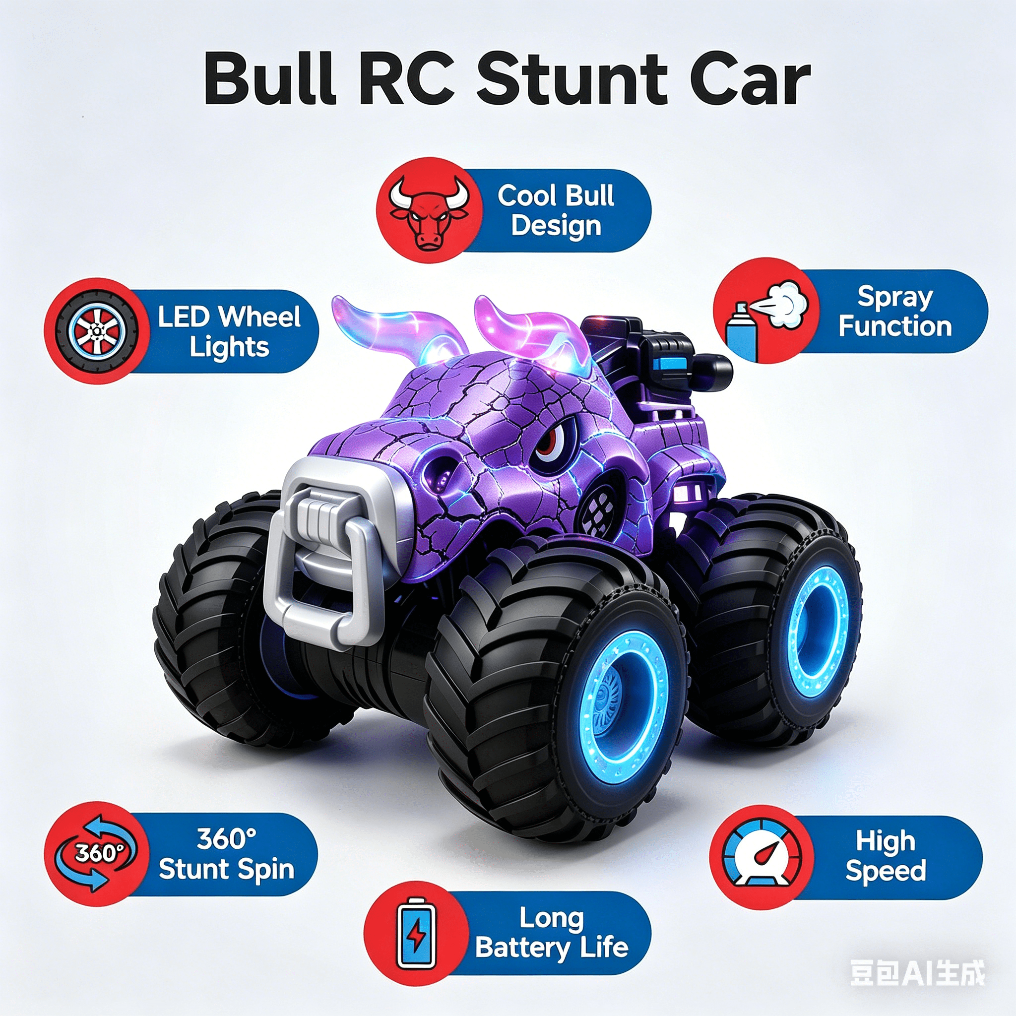 HNH 1:18 RC Monster Trucks Remote Control Car for Kids, 360°Rotating All Terrain RC Stunt Car with Light & Music, Cow-Purple