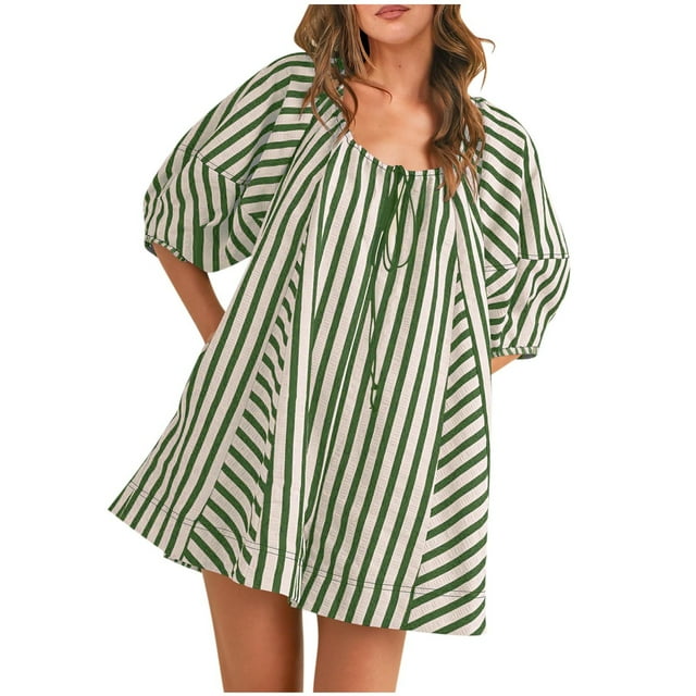 Lenpel Combinaisons pour Femmes Été Rayé Lanterne Manches Mi-Longues Col en V à Nouer devant Combinaisons Amples Décontractées Shorts Amples