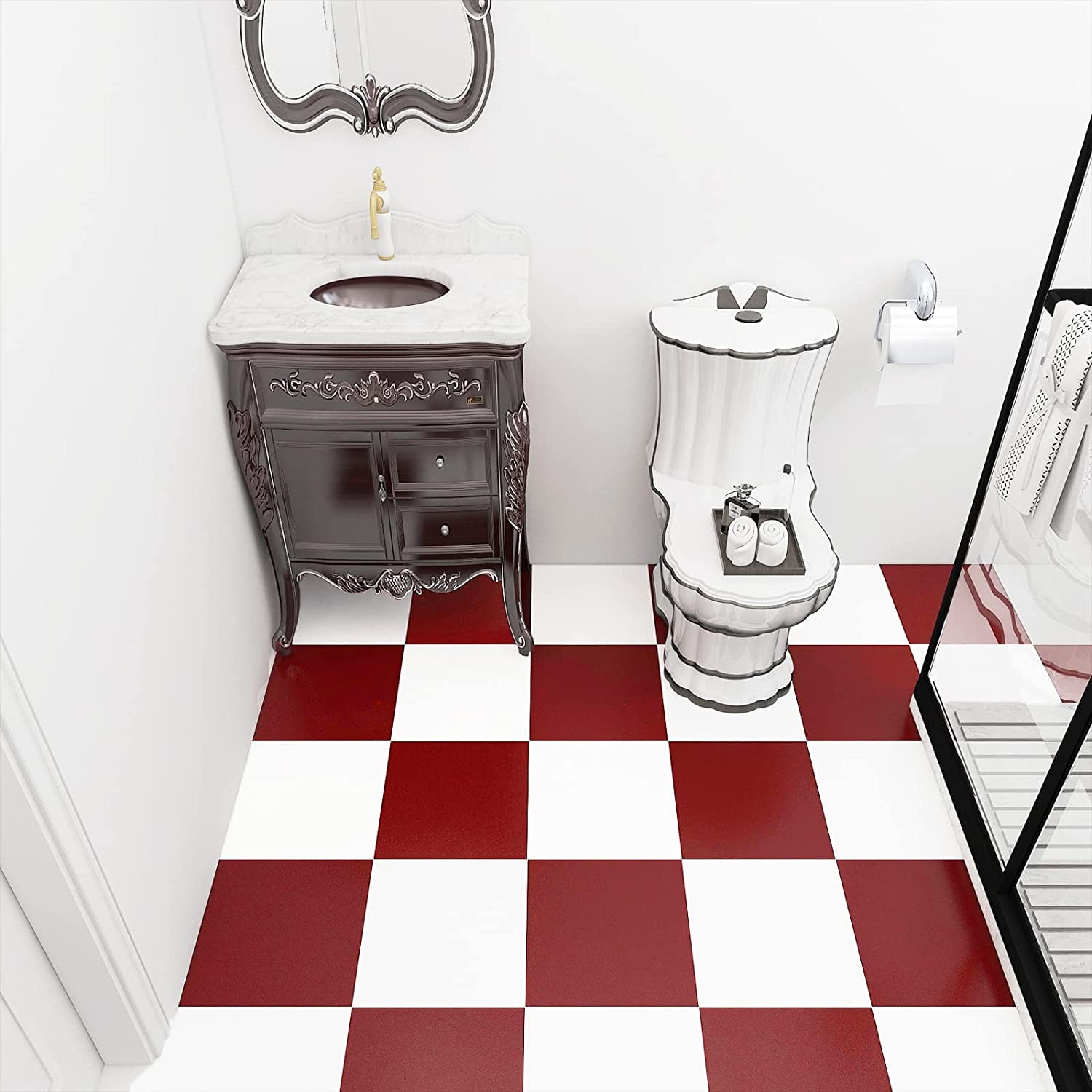 Abyssaly 12" x 12" Peel and Stick Floor Tile Red Checkerboard, 20Pcs, Waterproof Self-Adhensive Vinyl Flooring for Diningroom Bathroom and Kitchen (Red and White)