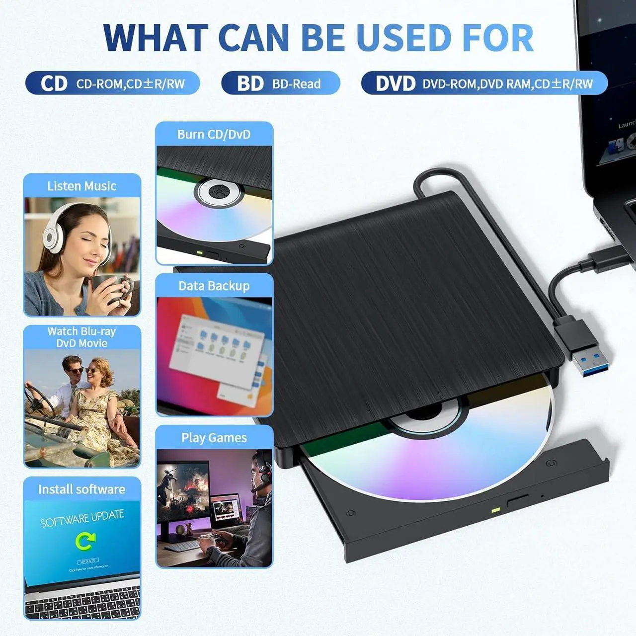 External Blu-ray Drive, Portable Blu-ray Player & CD DVD Burner USB 3.0 & Type-C BD/DVD/CD Reader, Plug and Play, Lightweight for Windows/Mac/Linux (2 in 1)