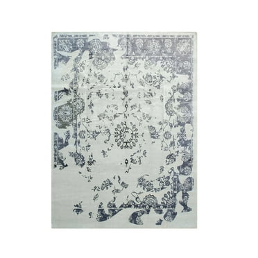 EORC Ivory Hand Knotted Viscose Classic Modern Tabriz Rug, 9'2 x 12'3