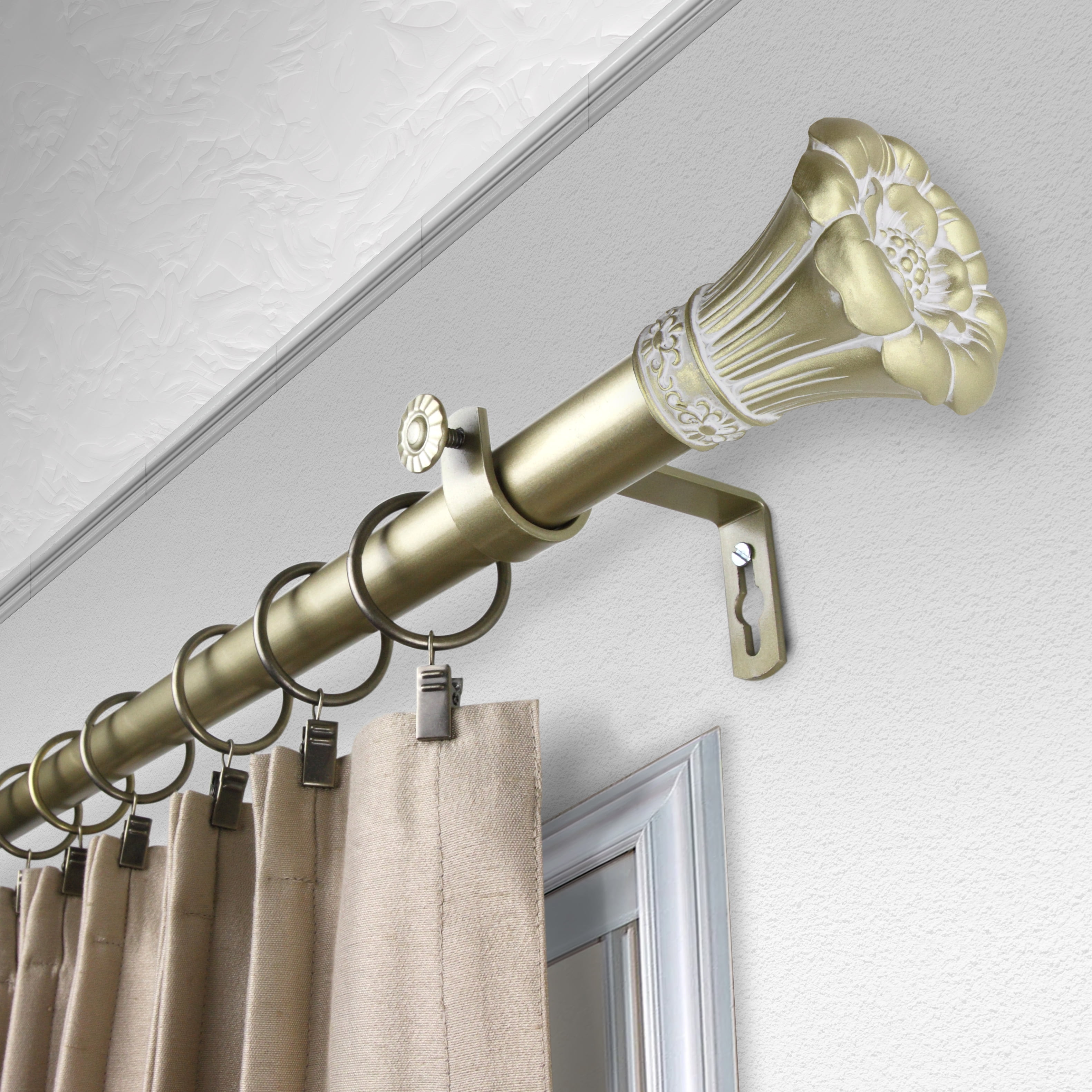 1" Dia Rosetta Curtain Rod 48-84 inch, Light Gold