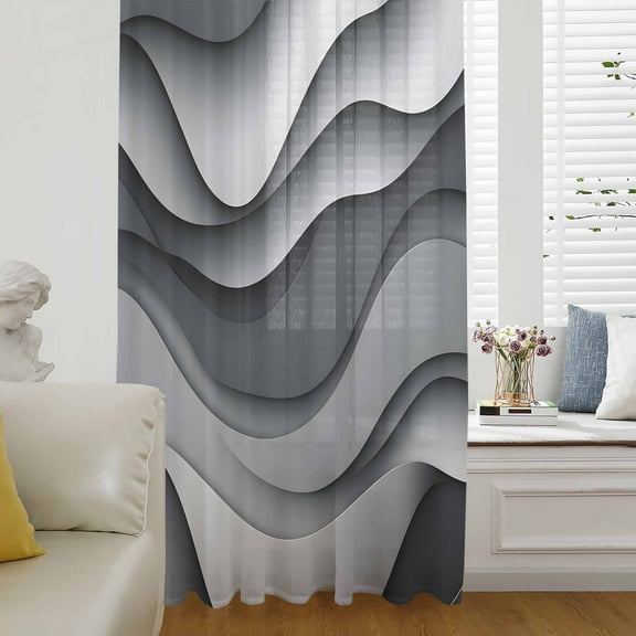 Black Gray Ombre Semi Sheer Curtains Drapes for Living Room, Bedroom, French Doors Window 72 Inches Long, Modern Abstract Moire Art Geometric Rod Pocket Chiffon Curtain Drapery Voile Draperies Panel