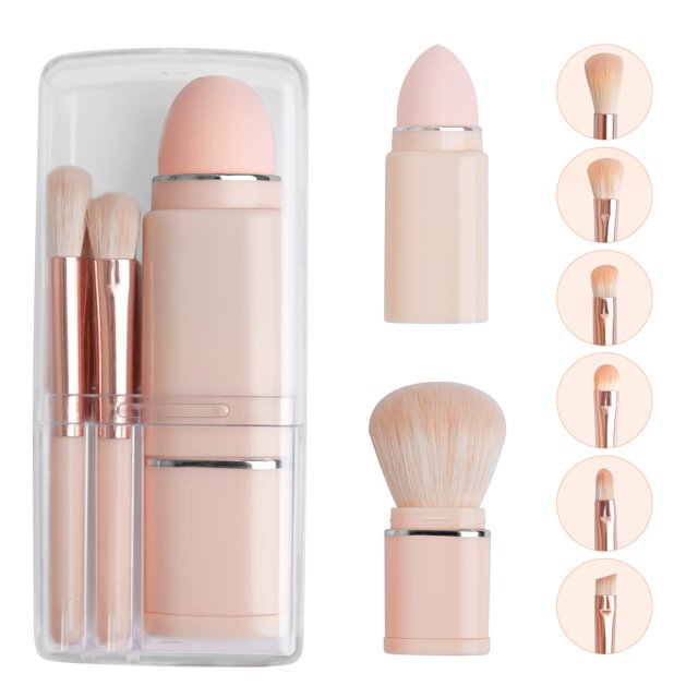 8-in-1 Multi-Functional Makeup Brush Kit with Beauty Sponge - All-in-One Essential Tools for Complete Facial Makeup Look, Conveniently Packaged in a Compact Shiny Transparent Pouch (Including Powder,