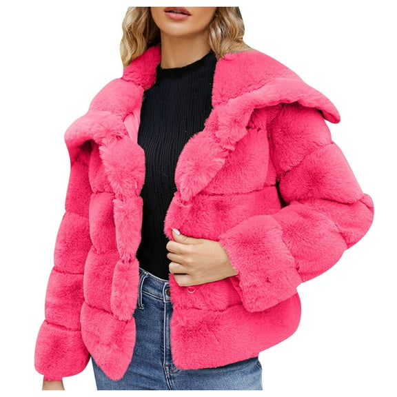 YDFCWXW Women's Fur Cropped Coat Long Sleeve Open Front Winter Jacket Plus Size Fluffy Puffer Overcoat Hot Pink, 3XL