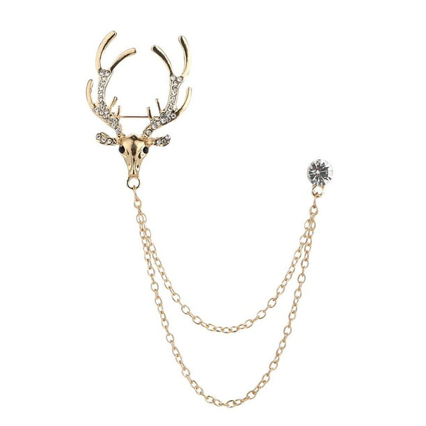 Broche de solapa con ciervo y borla de cristal para hombre dorado