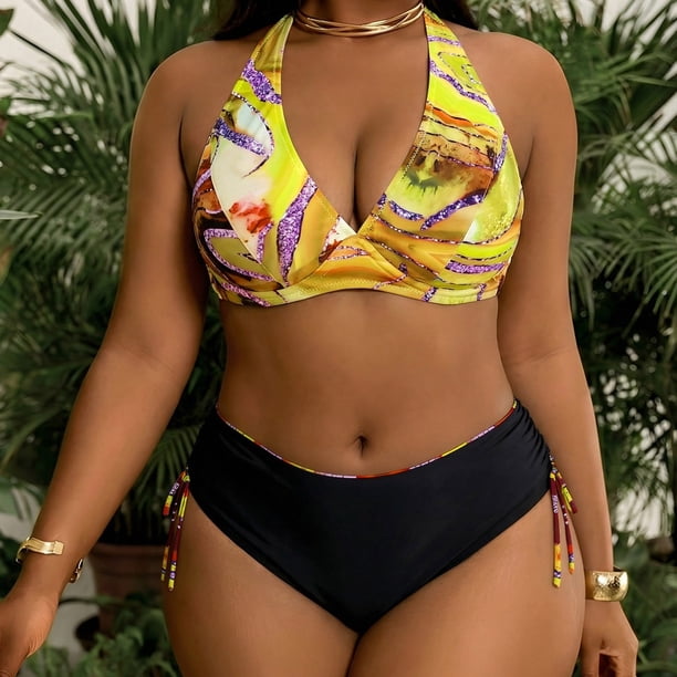 Trajes de baño Amzcrzy Tankini para mujer, trajes de baño, moda para mujer, traje de baño de talla grande, traje de baño estampado con tirantes laterales, traje de baño dividido, amarillo, XL