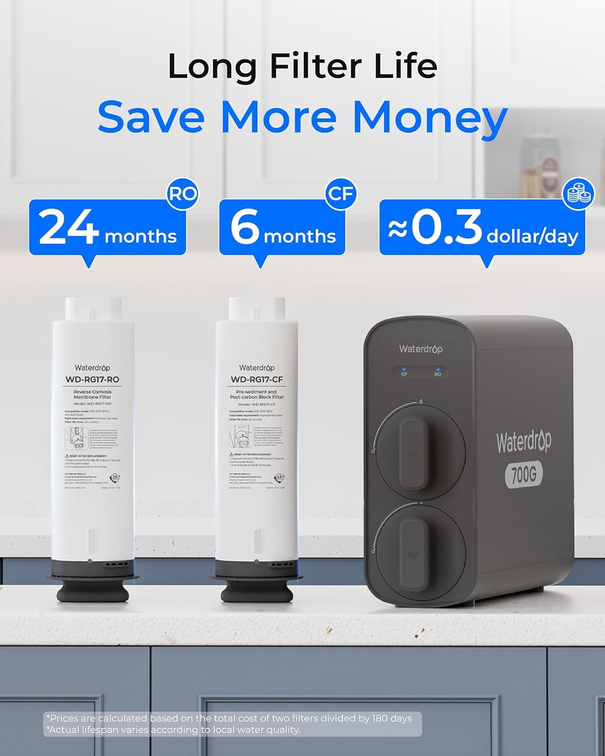 Waterdrop G5P700 Reverse Osmosis System, 700GPD Fast Flow RO Water Filter, 7 Stage Filtration, NSF/ANSI 372 Certified, 2:1 Pure to Drain, Smart LED Faucet, BPA Free,with Extra Filter