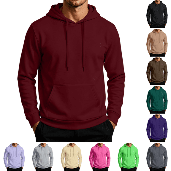 Mens Fleece Hooded Sweatshirt Trendy Casual Comfy Long Sleeves Pullover Fall Winter Warm Drawstring Pure Color Pullover Wine XL