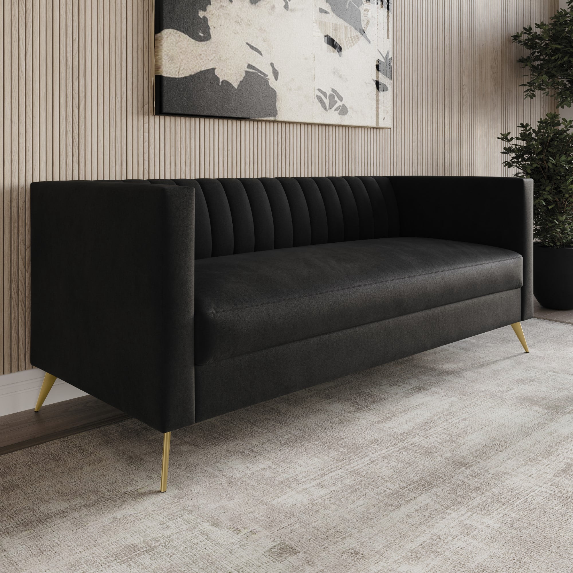 Home Design Weiss 3-Piece Velvet Square Arm Living Room Set with Sofa, Loveseat, and Armchair, Channel-Tufted Back, Gold Legs, Black