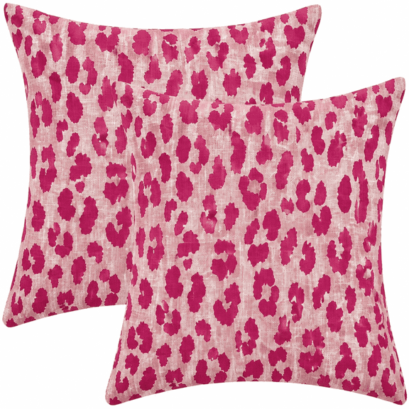 Pink Leopard Print Decorative Throw Pillow Covers, Faux Linen, 18 x 18 Inch, 2-Pack