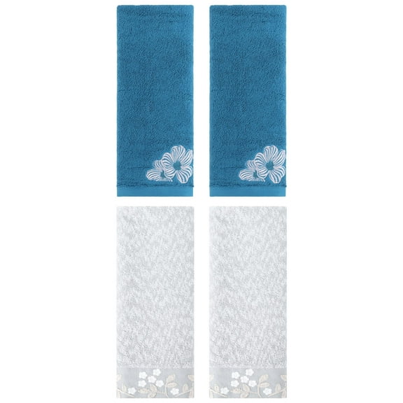 Unique Bargains 4 Pcs Cotton Floral Soft Hand Towel Set Grey/Blue 14" x 28"/14" x 31"