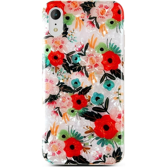 iPhone XR Case,iPhone XR Cases for Girls Women Cute Pattern Sparkle Crystal Clear Soft Bumper Lightweight TPU Anti-Scratch Phone Cover for iPhone XR 6.1 inch Creamy Red Flower