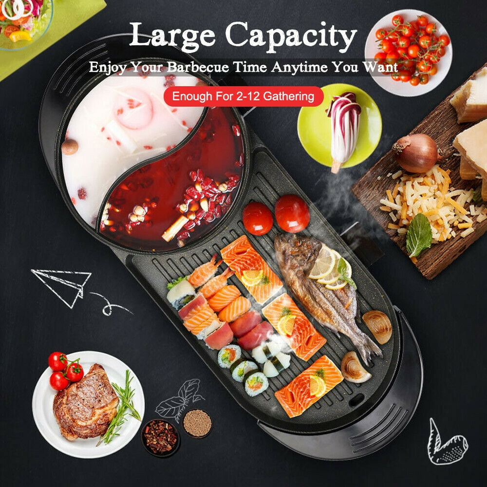 barbecue coréen portable Shabu Shabu Hot Pot 5 vitesses de réglage du feu barbecue électrique Gril électrique intérieur Hot Pot grande capacité pour 2-10 personnes 