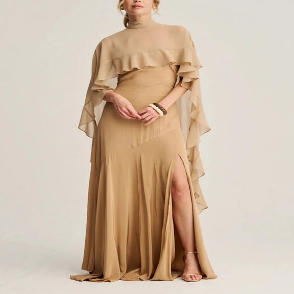Elegant high-neck ruffled cape maxi dress, sophisticated evening gown