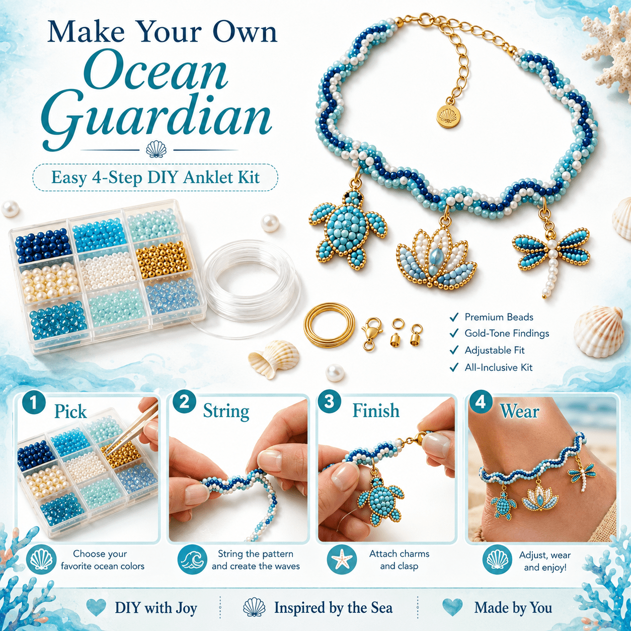 DIY Beaded Anklet Kit Ocean Theme, Handmade Jewelry Making Kit with Turtle Charm Beads, Creative DIY Craft Activity for Teens Adults Girls Summer Beach Gift