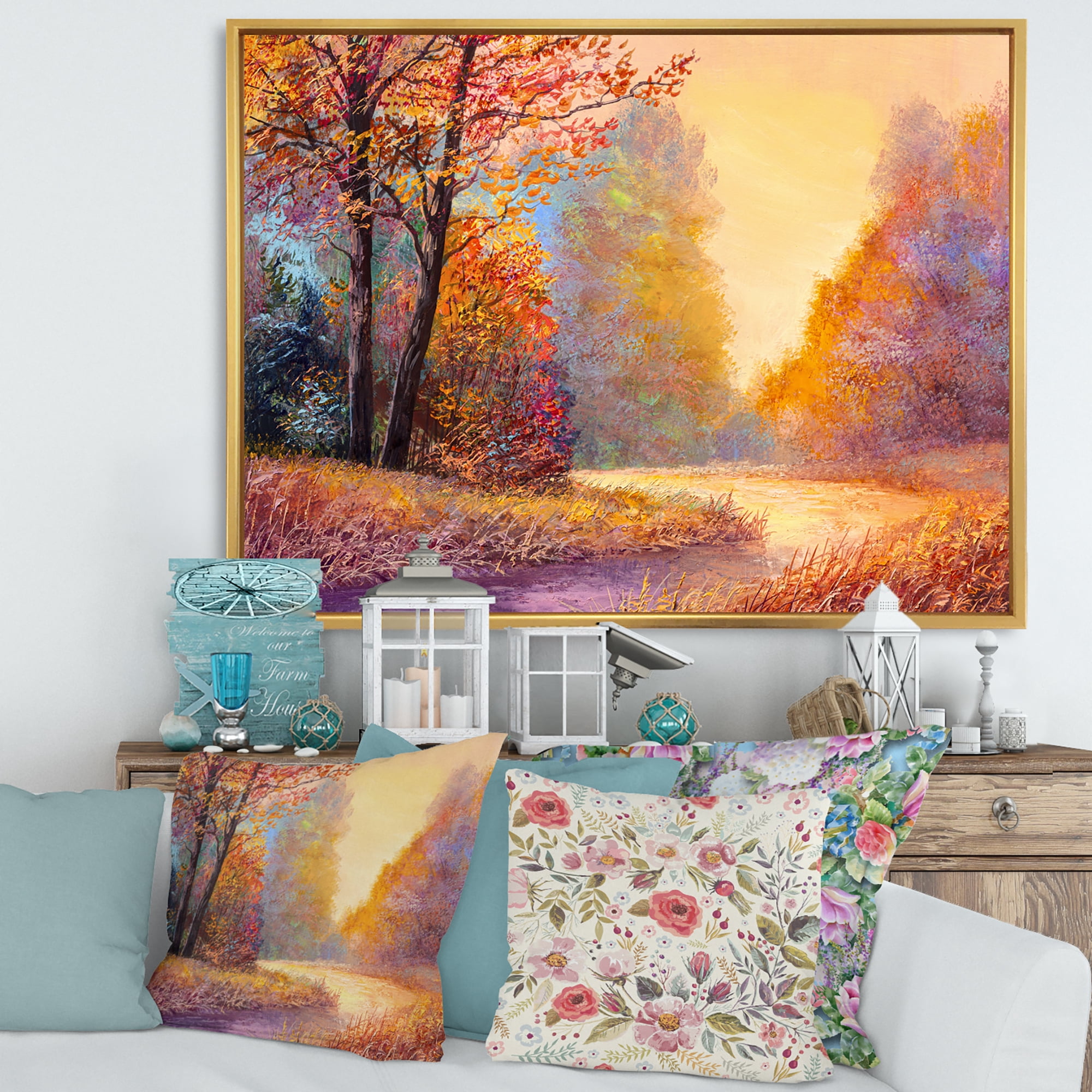 Designart 'The Autumn Forest Orange Leaves Landscape With Path' Lake House Framed Canvas Wall Art Print