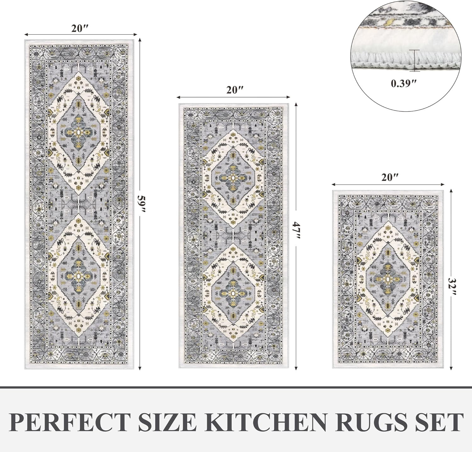 Kitchen Rugs and Mats, Yamaziot Kitchen Rug and Runners Set of 3 for Farmhouse Floor, Washable Non Slip Runner Rug for Hallway Laundry Room Carpet, 20"x32"+20"x47"+20"x59"