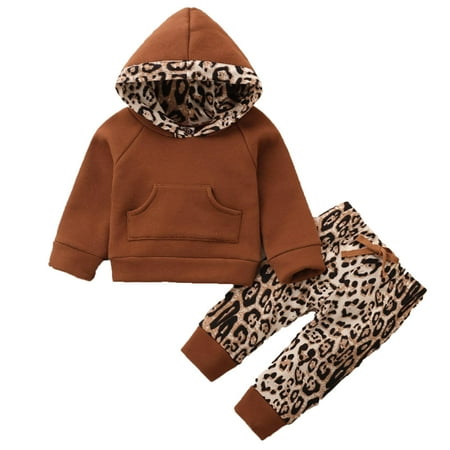 

baby girl clothes Baby Boys Winter Thick Warm Hooded Leopard Tops+Pants Outfits