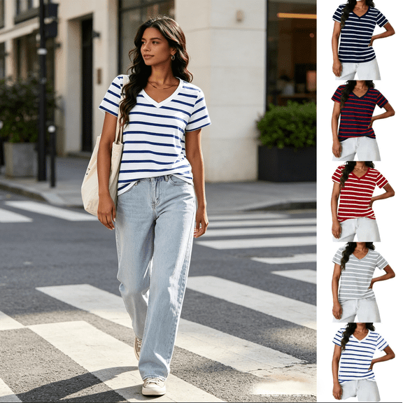 APEXFWDT Women's Striped V Neck T Shirts Short Sleeve Tees Casual Basic Summer Tops,L,Blue