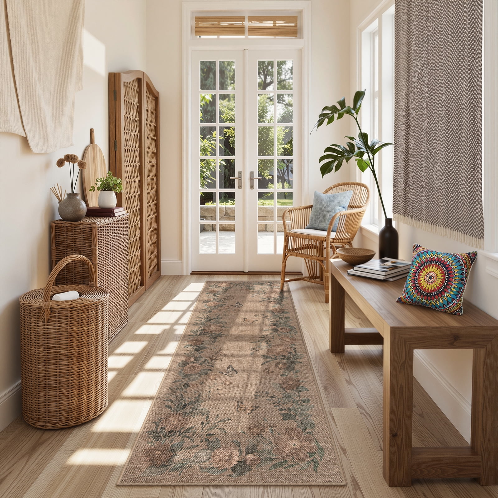 SUNDEREY 2'6"x8' Floral Easy Jute Kitchen Rug,Runner Rugs 2.6x8ft Hallway Easy Jute Rug,Non Slip Washable Rug,Soft Non-Slip Khaki Indoor Carpet for Entryway Laundry Bedroom,Butterfly&Fleur