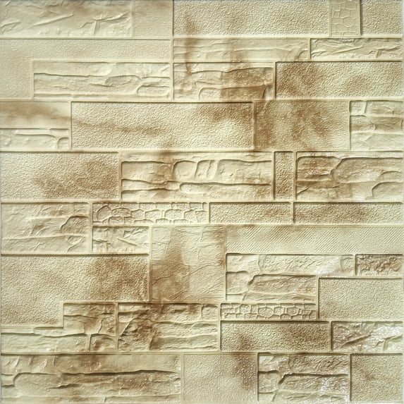 Dundee Deco Peel and Stick 3D Self Adhesive Foam Wallpaper - Beige, Brown Faux Bricks, Stones, 2.3 ft x 2.3 ft