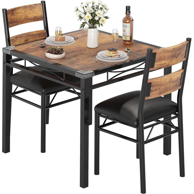 Compact 2-Person Dining Set, Table & 2 Upholstered Chairs - Space-Saving for Small Kitchens, Apartments & Breakfast Nooks, Brown