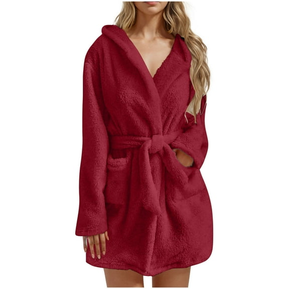 Kaemgyyd Hooded Robes for Women Plush Fleece Long Sleeve Kimono Soft Bathrobe Fall Winter Warm Short Robe Lounge Sleepwear with Belt