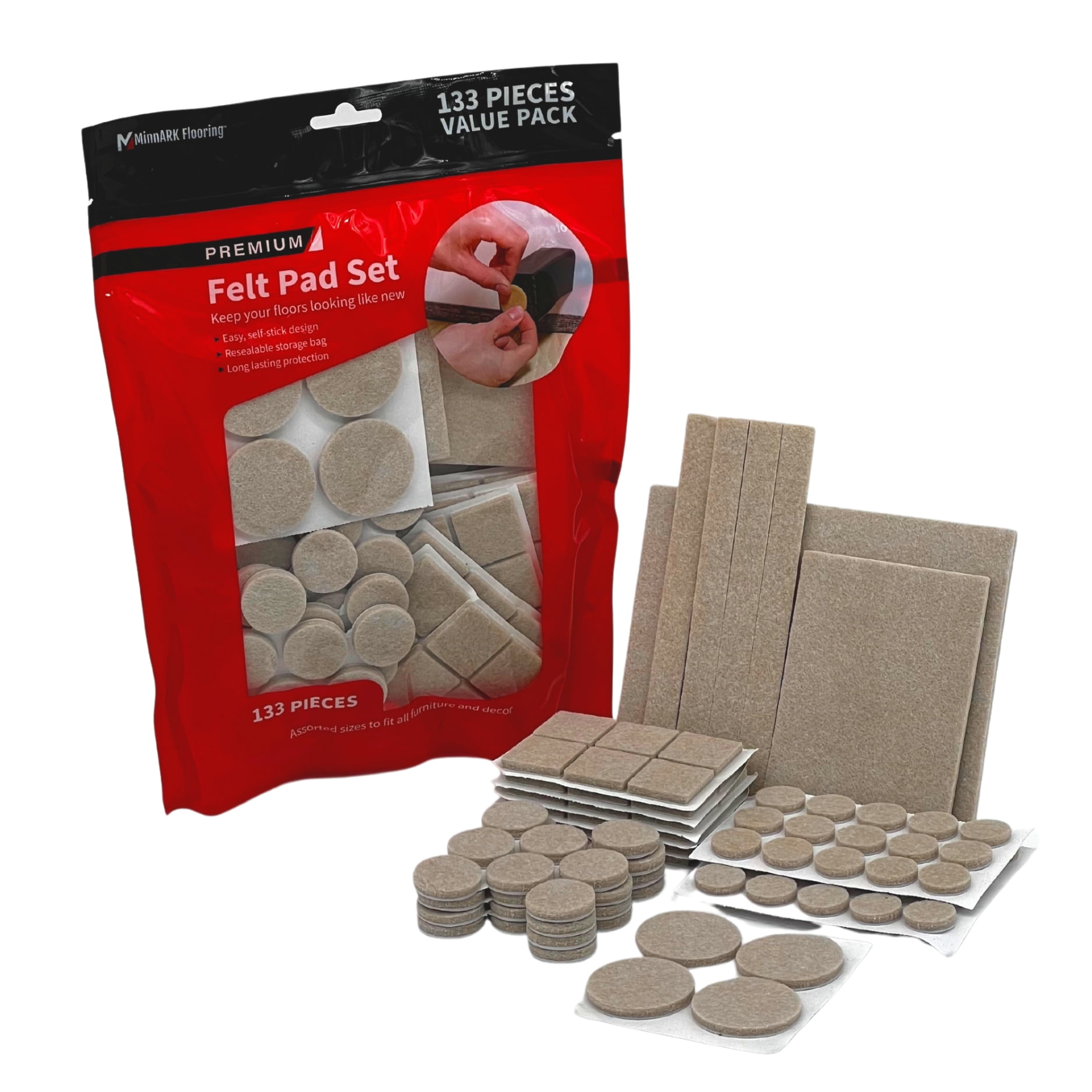 Premium Felt Furniture Pads, 133 Piece Multipack, Various Shapes and Sizes, Oatmeal Felt, by MinnARK