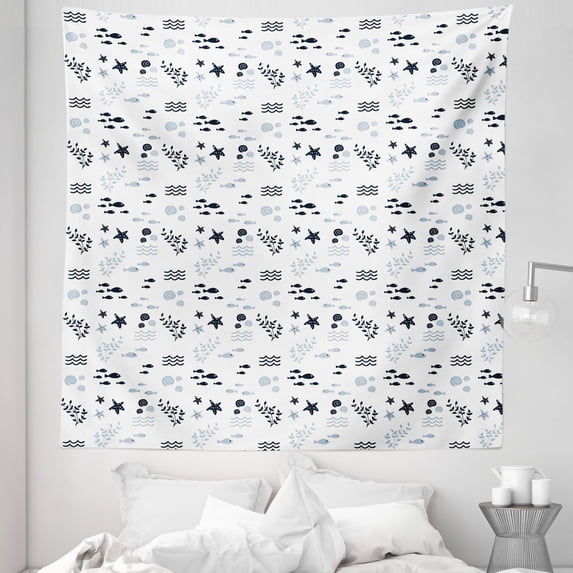 Ocean Blue Tapestry, Starfish Leaves Branches Abstract Waves Sea Weed Shells Marine Illustration, Fabric Wall Hanging Decor for Bedroom Living Room Dorm, 5 Sizes, Multicolor, by Ambesonne