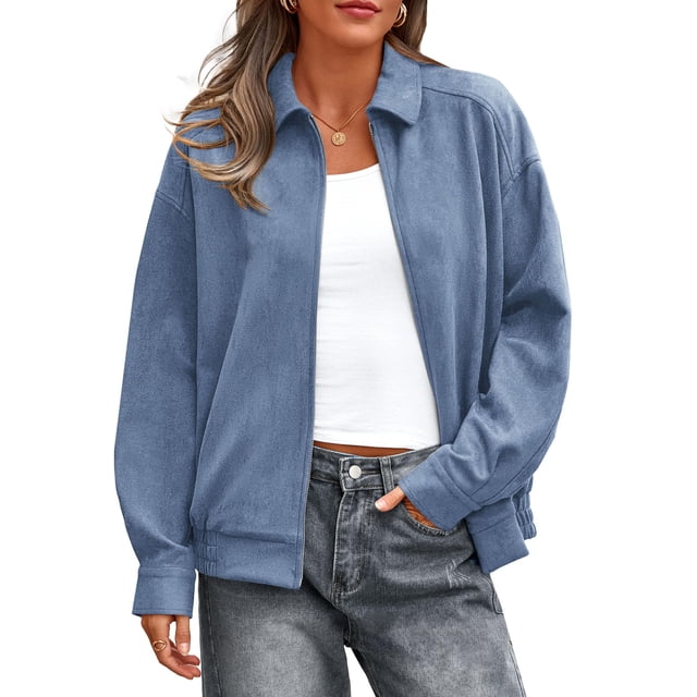 Abrigo PRETTYGARDEN Chaqueta Bomber Oversized de Ante Sintético Azul Polvoriento Talle S