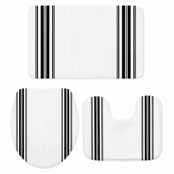 Black White Stripe, Bath Mat 3 Piece Bathroom Rug Set, Abstract Geometric Non Slip Bath Rug Contour Mat and Toilet Lid Cover, Absorbent Shower Mats Soft Bath Rugs and Mats Sets