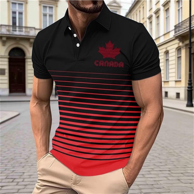 Pisexur T-shirt à Manches Courtes pour Homme Homme Décontracté Ample Mode Rayé Feuille d'Érable Imprimée Bouton Chemise à Manches Courtes Col Rabattu Rouge,m