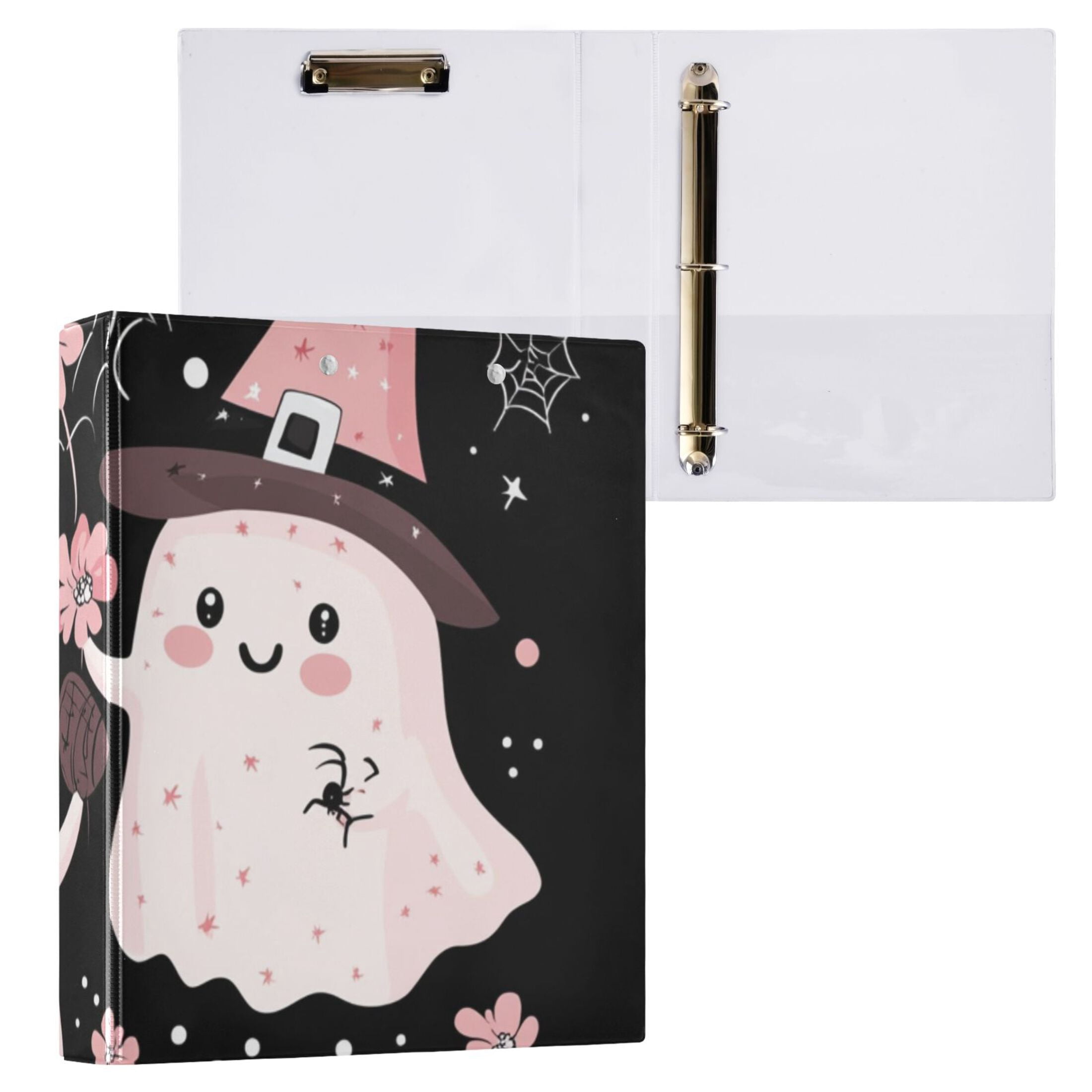 Halloween Pink Ghosts Flowers 3 Ring Binders 1.5 inch Hardcover File Folders with Interior Pockets A4 Size Organizer for School Office Hospital