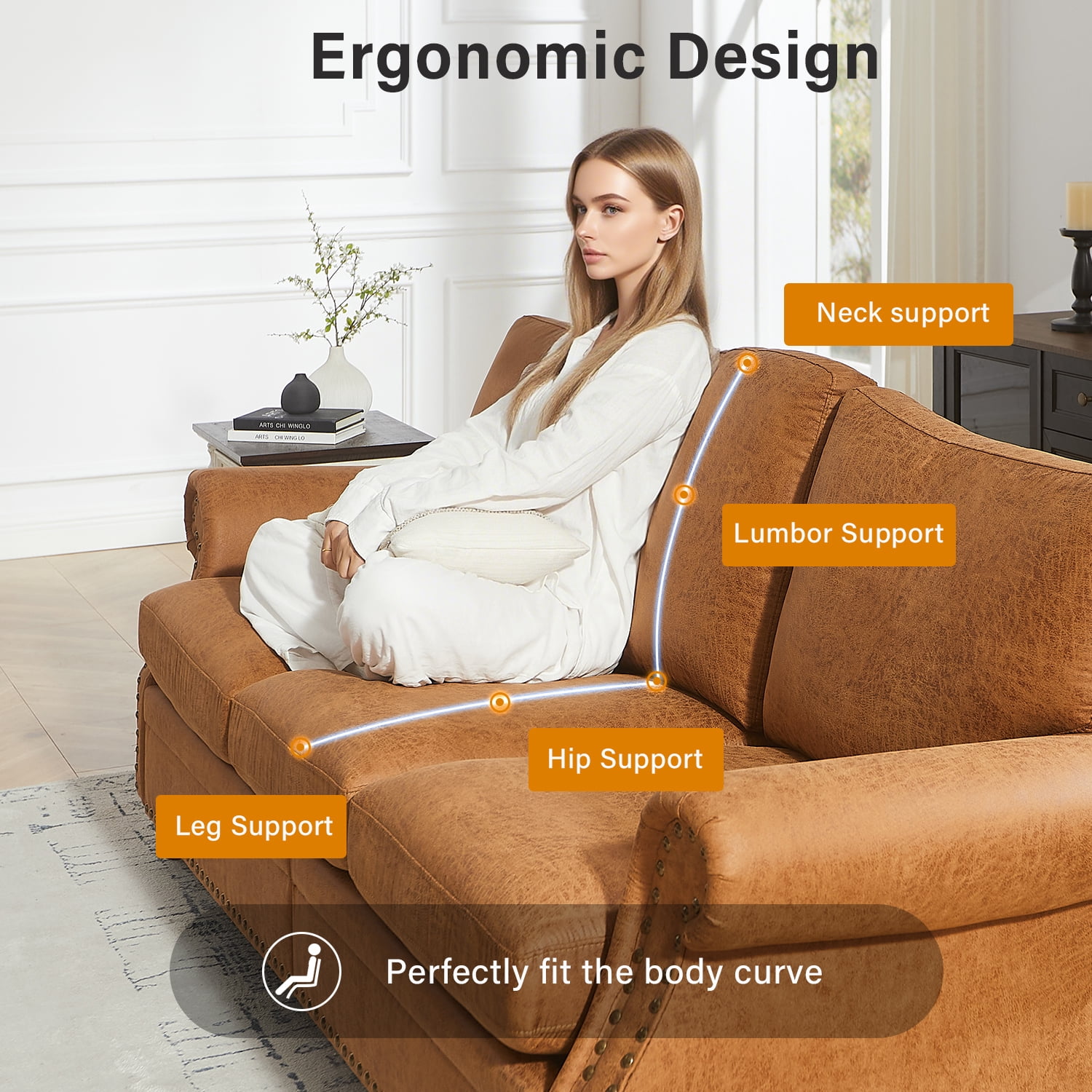 85" Luxury Sofa, 3 Seater Comfortable Suede Faux Leather Sofa with Rolled Arms and Nailhead Trim, Brown